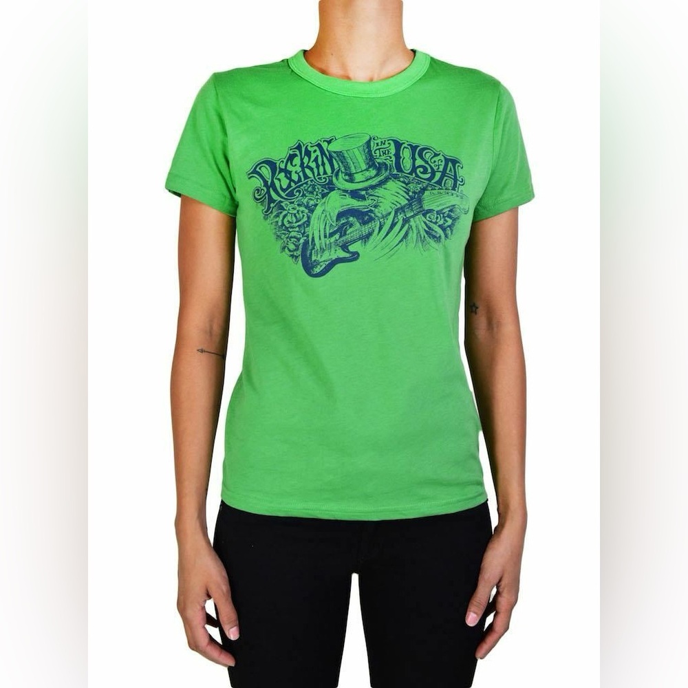 NEW LUCKY BRAND JEANS ‘ROCKING IN THE USA' PRINTED COTTON T-SHIRT GREEN